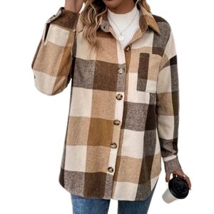 Brown Plaid Jacket Shacket Womens Small Flannel Oversized
